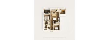 A floor plan of a house with a kitchen, living room, and two bedrooms.