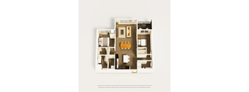 A floor plan of a small apartment with a kitchen, living room, and two bedrooms.