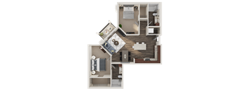 A top-down view of a house layout with a living room, kitchen, and two bedrooms.