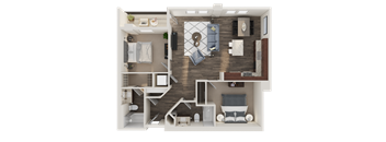 A top-down view of a small apartment layout with a kitchen, living room, and bedroom.