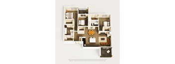 A floor plan of a small apartment with a kitchen, living room, and bedrooms.