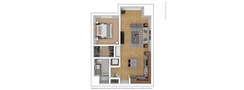 a stylized floor plan with a bedroom and a living room at Bluestone Flats, Duluth