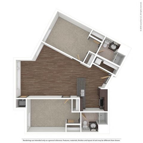 a stylized floor plan with a bedroom and a living room at Bluestone Lofts, Duluth, Minnesota