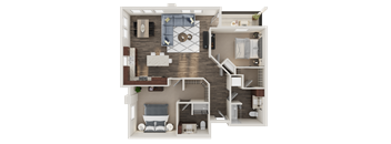 A 3D rendered image of a house layout.