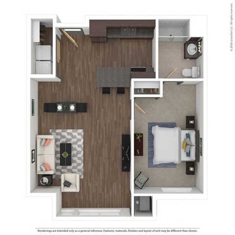 a stylized floor plan with a bedroom and a living room at Bluestone Lofts, Duluth