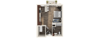 A 3D rendered image of a small apartment layout.