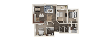 A 3D floor plan of a small apartment with a kitchen, living room, and bedrooms.