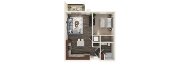 A 3D floor plan of a small apartment with a bedroom, living room, and kitchen.