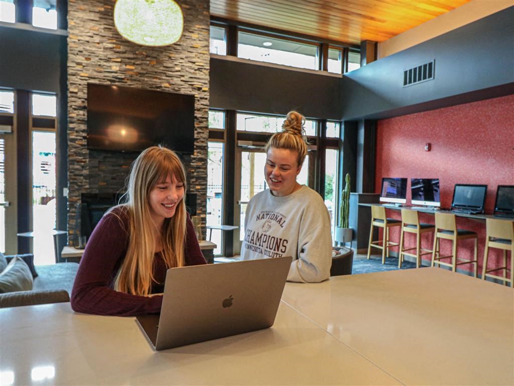 two women sitting at a table looking at a laptop computer at Bluestone Lofts, Duluth, 55803