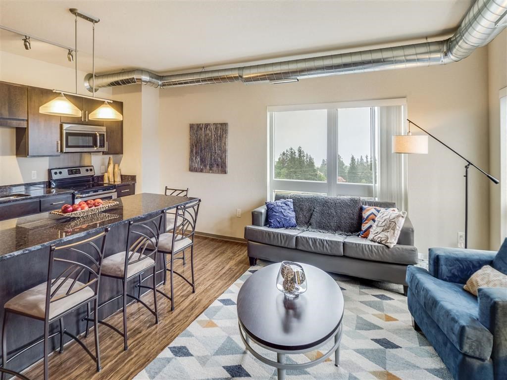 a living room and kitchen with a couch and a table at Bluestone Lofts, Duluth Minnesota