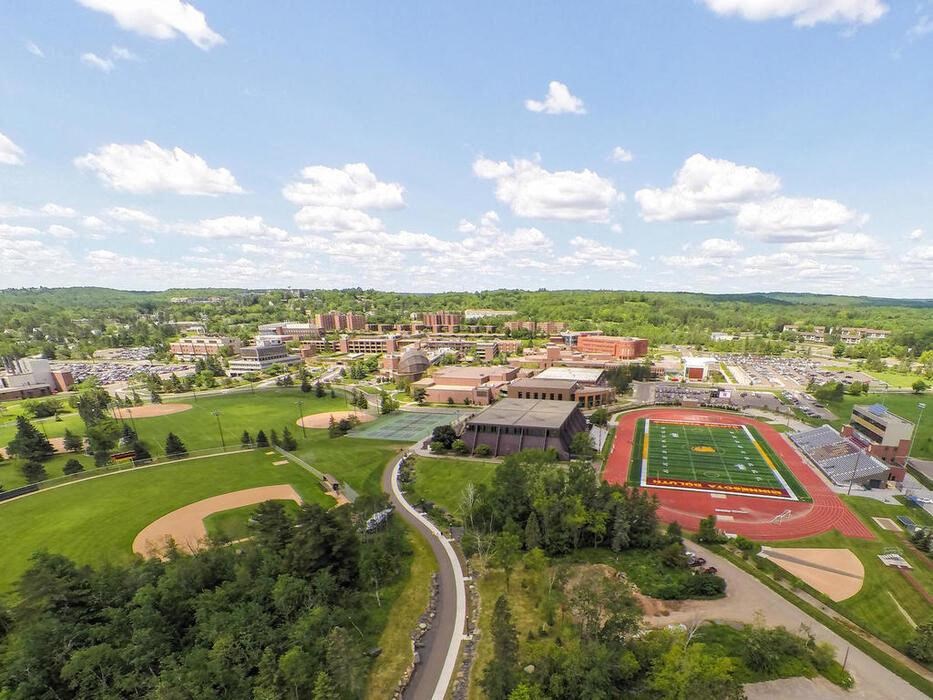 an aerial view of a city with a highwayat Bluestone Lofts, Duluth, MN 55803
