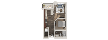 A top-down view of a small apartment with a kitchen, living room, and bathroom.