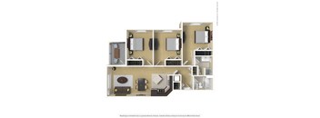 A 3D floor plan of a house with a kitchen, living room, and bathroom.