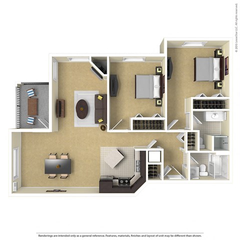 A 3D floor plan of a house showing a kitchen, living room, and bathroom.