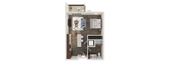 A top-down view of a small apartment with a bedroom, living room, and kitchen area.