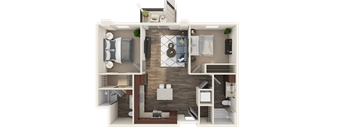 A 3D floor plan of a small apartment with a kitchen, living room, and bedroom.