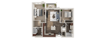 A 3D floor plan of a small apartment with a kitchen, living room, and bedroom.