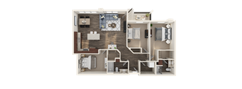 A 3D rendered image of a house layout.