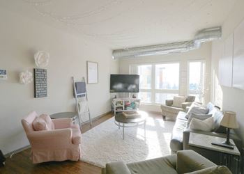 a living room with couches and a tv at Bluestone Lofts, Duluth, MN 55803