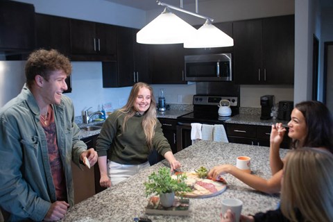 a group of people standing around a kitchen counter