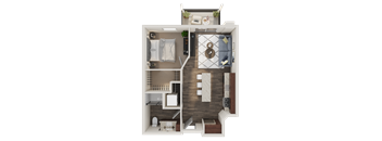 A 3D floor plan of a small apartment with a kitchen, living room, and bathroom.