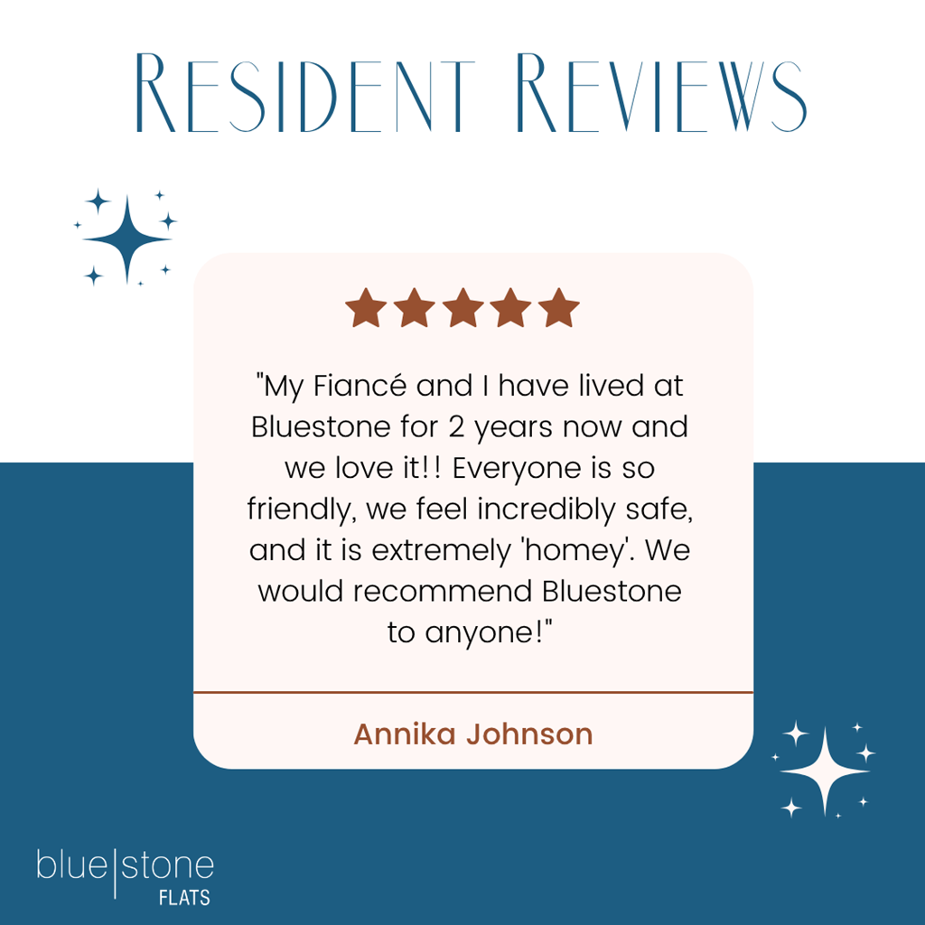 A resident review from Annika Johnson praises Bluestone Flats for its friendly and safe environment.