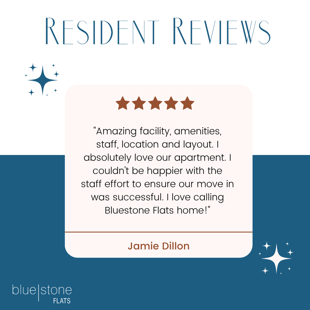 A resident review for BlueStone Flats is displayed, with a five-star rating and a positive testimonial from Jamie Dillon.