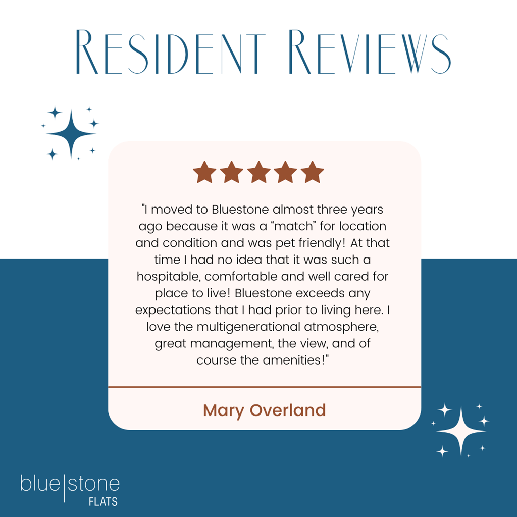 A resident review for BlueStone Flats is displayed, with a five-star rating and a positive testimonial from Mary Overland.