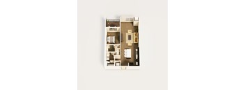3D floor plan of one bedroom with balcony at The Villas at Sand Lake Resort Apartments, Sturgeon Lake, Minnesota