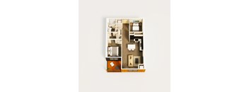 3D floor plan of two bedroom unit with deck at The Villas at Sand Lake Resort Apartments, Sturgeon Lake, MN