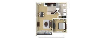A floor plan of a small apartment with a kitchen, living room, and bathroom at Summit Ridge, Duluth, Minnesota