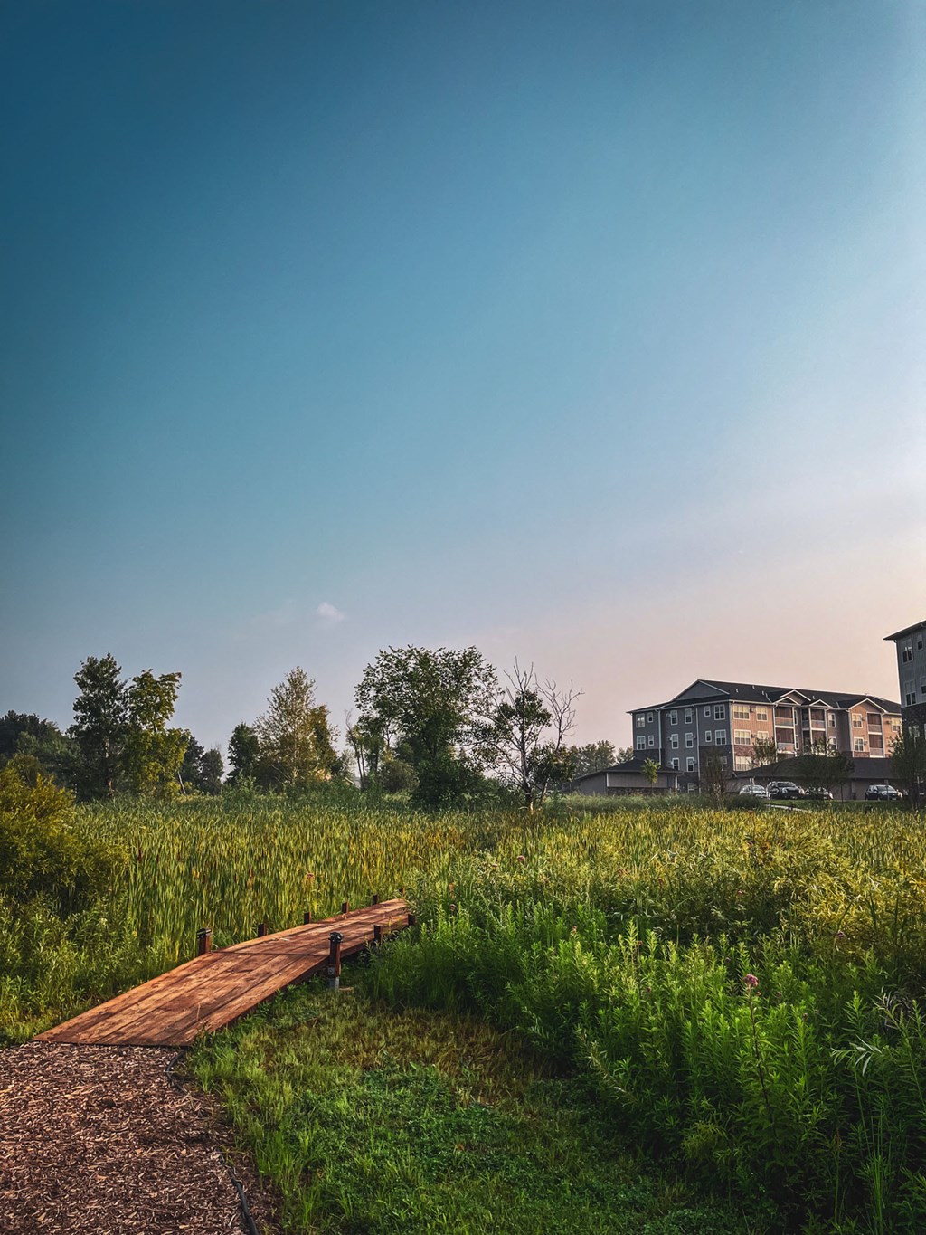 a wooden bridge in a field with a building in the background  at Timber Ridge, Minnesota, 55025