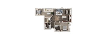 A 3D floor plan of a house with a kitchen, living room, and bedrooms.