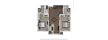a two bedroom floorplan with roommates and a at Bluestone Lofts, Duluth