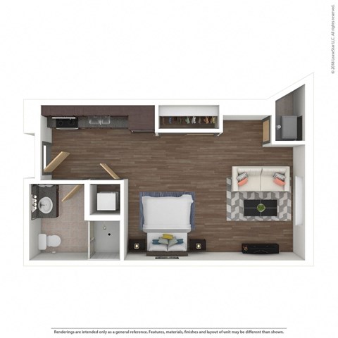 a stylized 1 bedroom floor plan  at Bluestone Lofts, Minnesota, 55803with a bathroom and a living room