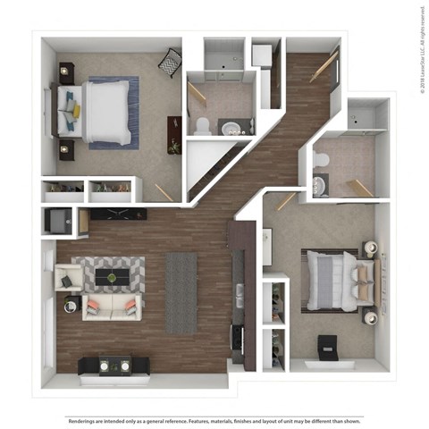 a stylized floor plan with a bedroom and a living room at Bluestone Lofts, Minnesota, 55803