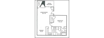 A floor plan of a home with a living room, dining room, kitchen, bedroom, bathroom and closet.