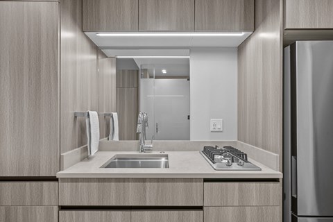 A modern kitchen with a stainless steel refrigerator and a double sink.