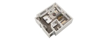 A 3D image of a modern apartment layout with a living room, kitchen, and bedroom.