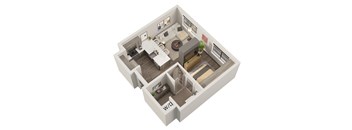 A 3D floor plan of a small apartment with a kitchen, living room, and bathroom.