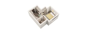 A 3D image of a small apartment with a bedroom, living room, and kitchen.