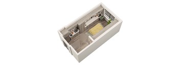 A 3D image of a small apartment with a bedroom, kitchen, and living room.