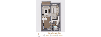 Top down floorplan view of the Brasswood layout showing the kitchen, living area, bedroom, bathroom and laundry at Heartland Flats North Platte.