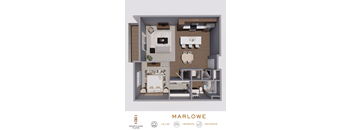 Top down floorplan view of the Marlowe layout showing the kitchen, living area, bedroom, bathroom and laundry at Heartland Flats North Platte.