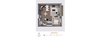 Top down floorplan view of the Aspen layout showing the kitchen, living area, bedroom, bathroom and laundry at Heartland Flats North Platte.