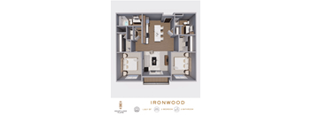 Top down floorplan view of the Ironwood layout showing the kitchen, living area, bedrooms, bathrooms and laundry at Heartland Flats North Platte.