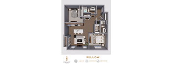 Top down floorplan view of the Willow layout showing the kitchen, living area, bedrooms, bathrooms and laundry at Heartland Flats North Platte.