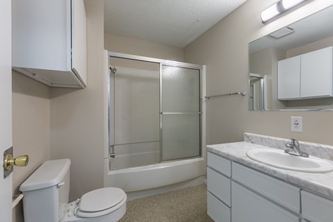 A white toilet sits next to a walk-in shower in a bathroom.