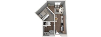 A 3D rendered image of a small apartment layout.