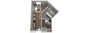 A 3D floor plan of a small apartment with a kitchen, living room, and bathroom.